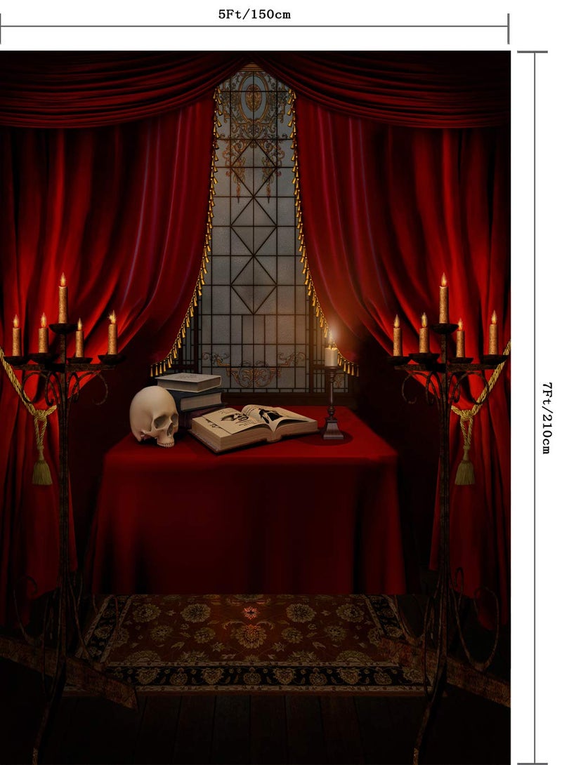 CapiSco 5X7FT Halloween Backdrop Nightmare Before Christmas Backgrounds for Baby Shower Portrait Indoor Night Antique Study Red Curtain Terror Skull Photo Studio Backdrop Party Decorations SCO87 - Image 2